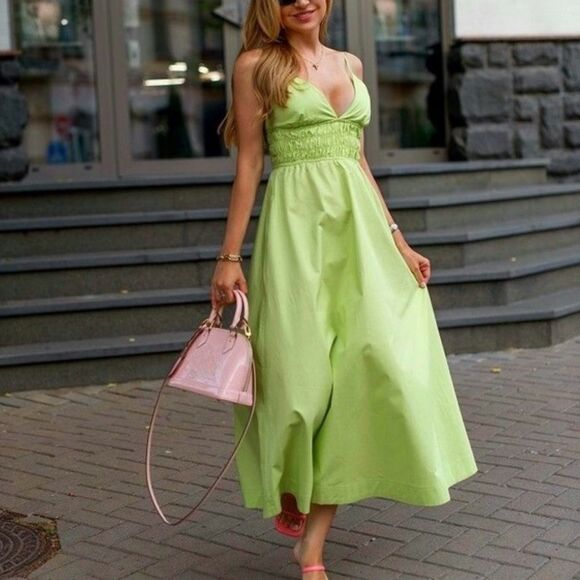 Zara Green Poplin Midi Dress Pockets Size Medium - Picture 1 of 5